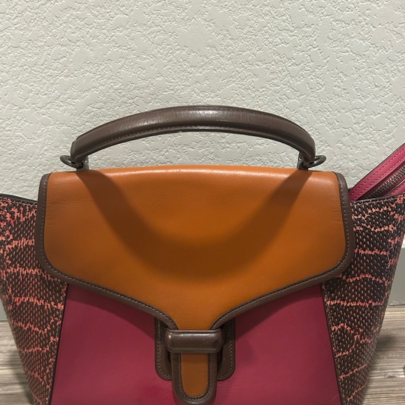 100% Authentic Coach Courier Pink Hibiscus Pewter Carryall Snakeskin Purse Bag - Picture 4 of 16